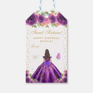 Etiqueta Para Presente Princesa de Cabelos Castanhos com Floral Roxo Doce