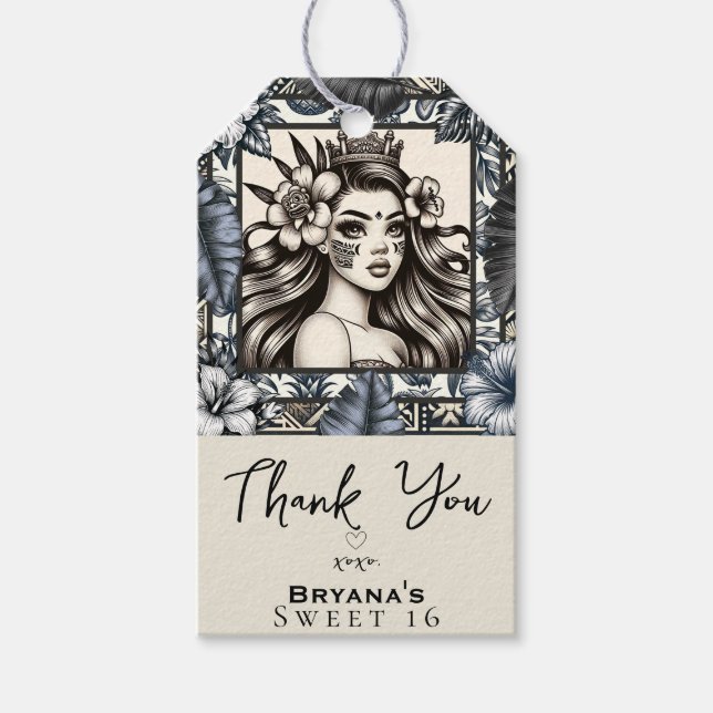 Etiqueta Para Presente Princesa Polinésia Flores Azuis Tribal Aniversário (Frente)