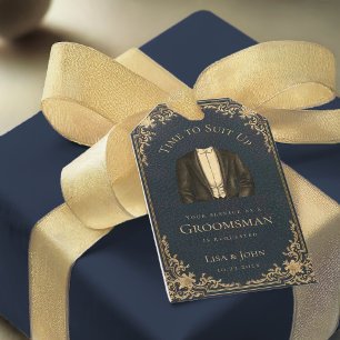 Etiqueta Para Presente Proposta de Padrinho Azul Dourado Retro Hora de se