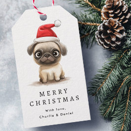Etiqueta Para Presente Pug bonito com a ilustração do chapéu de Santa, Fe