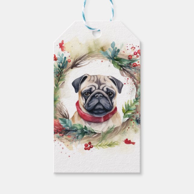 Etiqueta Para Presente Pug Christmas Wreath Festivo Pup (Frente)