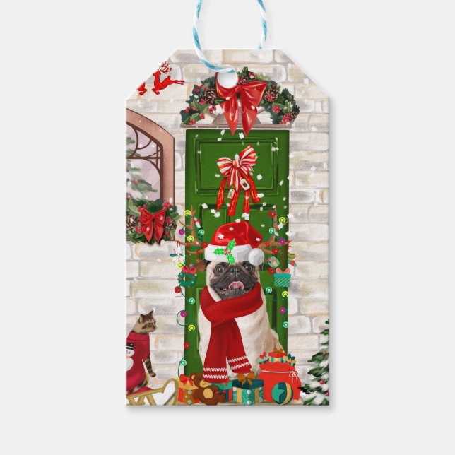Etiqueta Para Presente Pug Dog Christmas (Frente)