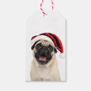 Etiqueta Para Presente Pug Feliz Usando Chapéu Vermelho de Natal Brilhant