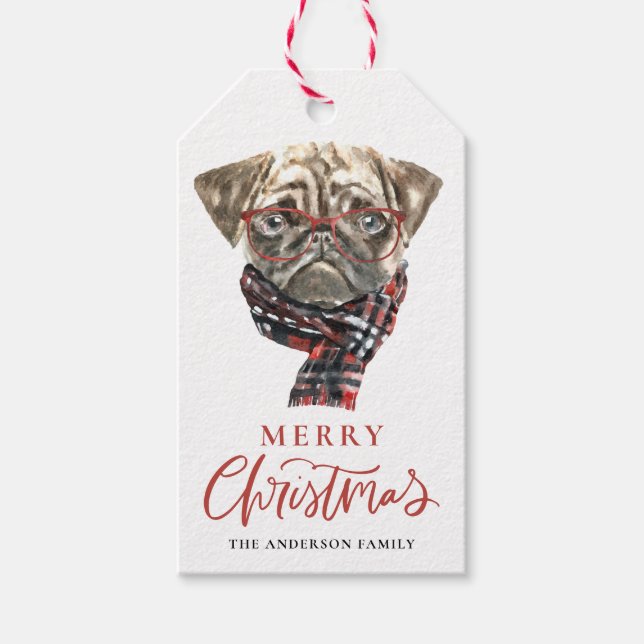 Etiqueta Para Presente Pug Merry Christmas (Frente)