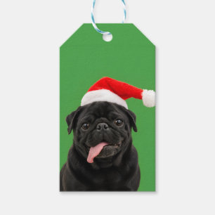 Etiqueta Para Presente Pug Preto Engraçado Chapéu de Papai Noel Língua Pa
