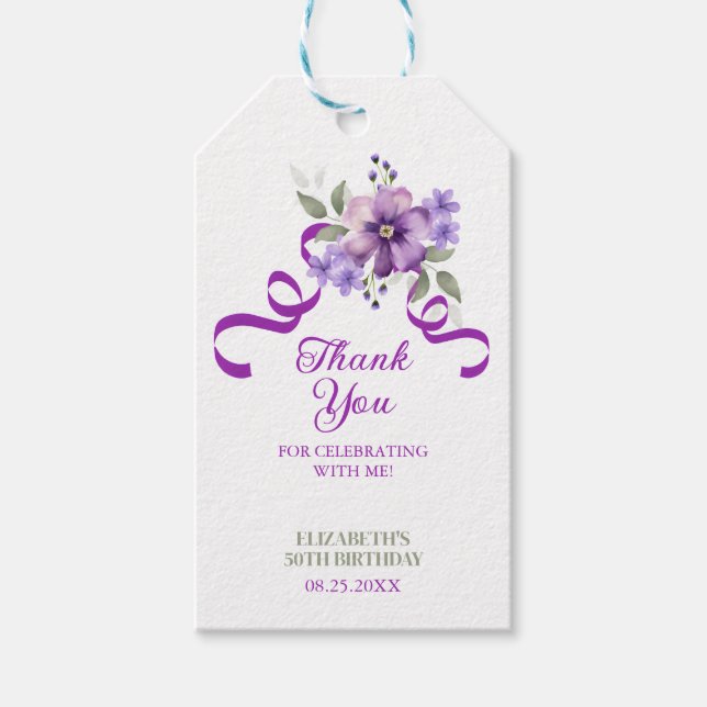 Etiqueta Para Presente Purple Flower Greenery Ribbon Birthday (Frente)