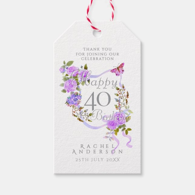 Etiqueta Para Presente Purple Rose Ribbon 40th Birthday (Frente)