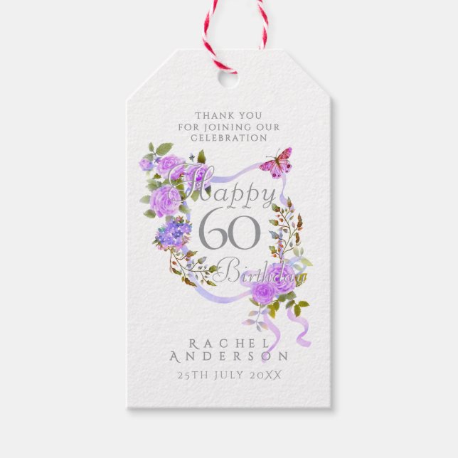 Etiqueta Para Presente Purple Rose Ribbon 60th Birthday (Frente)