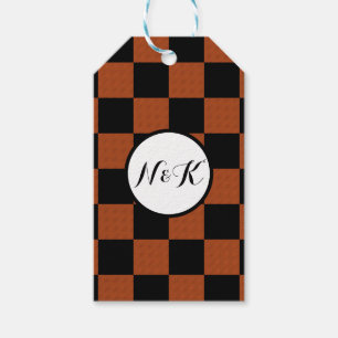 Etiqueta Para Presente Quadrados Xadrez Preto e Laranja Buffalo Plaid