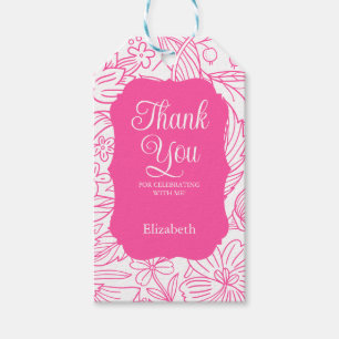Etiqueta Para Presente Quadro Cor-de-Rosa e Branco Floral Aniversário Obr