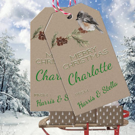 Etiqueta Para Presente Ramos Rustic Kraft Winter Sparrow Bird & Pine