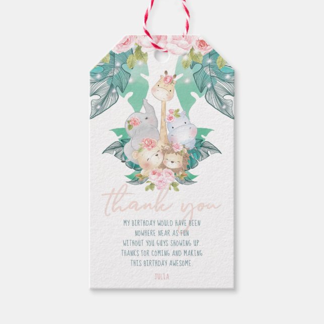 Etiqueta Para Presente Rapariga Aniversário Selva Animais Obrigado (Frente)