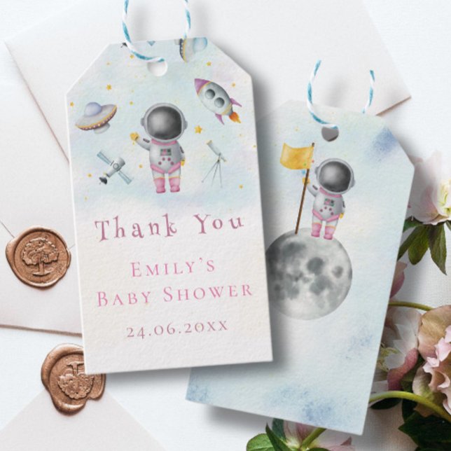 Etiqueta Para Presente Rapariga espacial astronauta - galáxia rosa-foguet (Criador carregado)