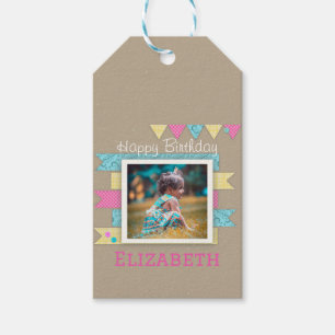 Etiqueta Para Presente Rapariga, Rosa De Aniversário, Amarelo E Azul