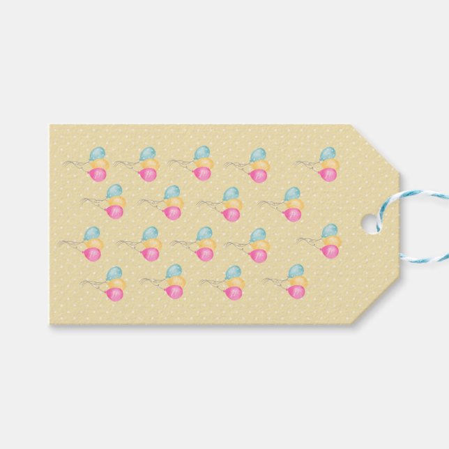 Etiqueta Para Presente Raparigas Bolinhas Amarelas De Aniversário E Balõe (Frente (horizontal))