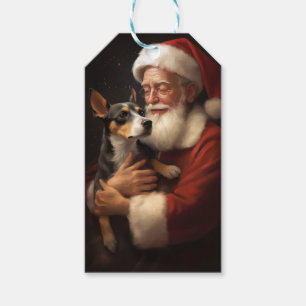 Etiqueta Para Presente Rat Terrier com Papai Noel Natal Festivo
