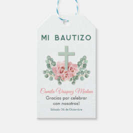 Etiqueta Para Presente Recuerdos para Bautizo Cross and Leaves Baptism