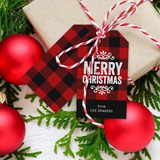 Etiqueta Para Presente Red and Black Buffalo Cheque Russo Natal (Criador carregado)
