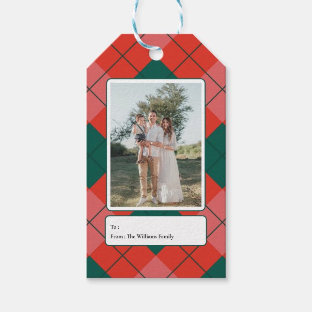 Etiqueta Para Presente Red and Green Plaid Family Photo Holiday (Frente)