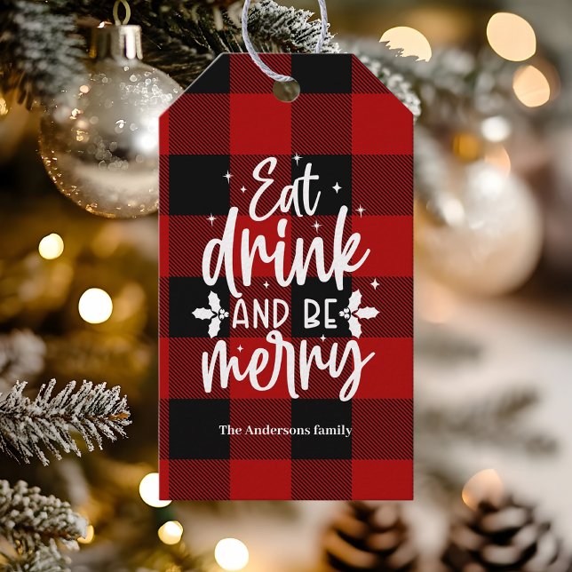 Etiqueta Para Presente Red Buffalo Plaid “Eat, Drink & Be Merry”  (Criador carregado)