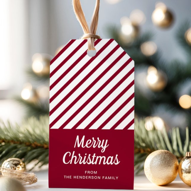 Etiqueta Para Presente Red Burgundy Stripes Feliz Natal (Red Burgundy Stripes Merry Christmas Gift Tags)