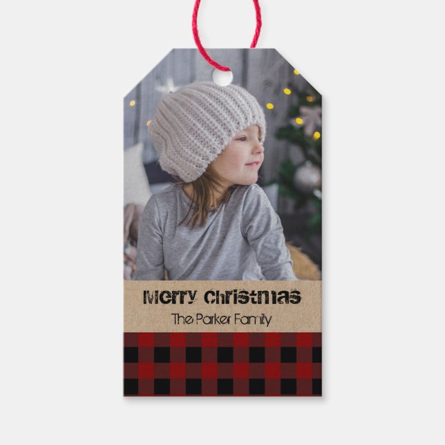 Etiqueta Para Presente Red Check xadrez Rustic Photo Christmas (Frente)