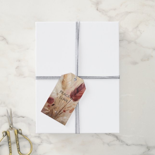 Etiqueta Para Presente Red Cream Boho Feather Floral (Com cordão)