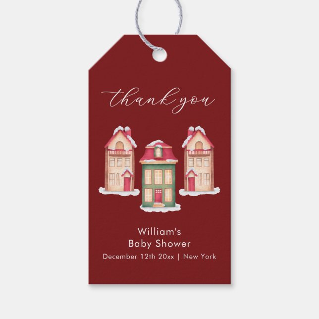 Etiqueta Para Presente Red Cute Snow Gingerbread Village Baby Shower  (Frente)