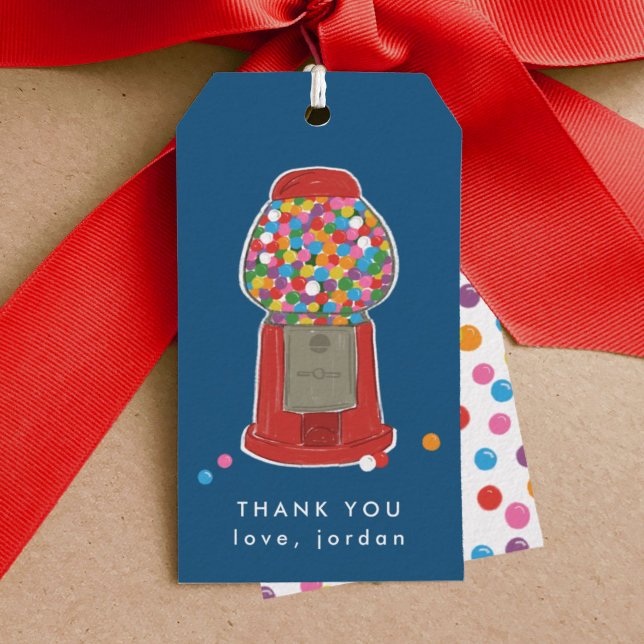 Etiqueta Para Presente Red Gumball Machine Candy Gum Obrigado (Red gumball machine birthday party thank you blue gift tag.)