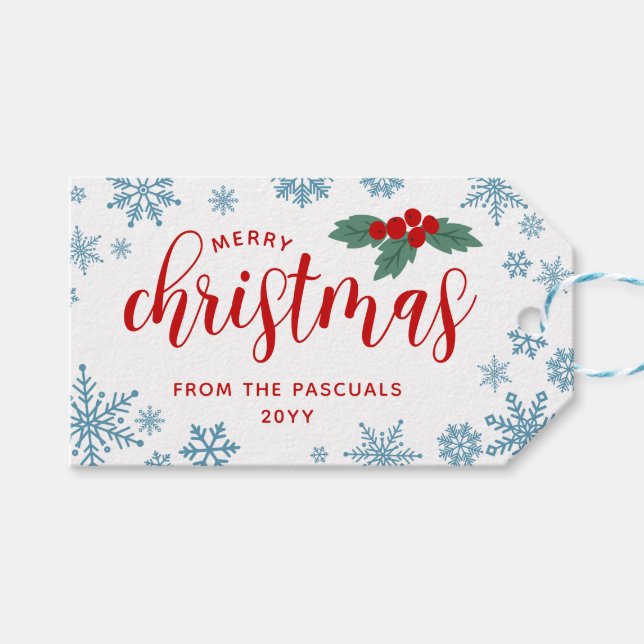 Etiqueta Para Presente Red Holly Blue Snowflakes Feliz Natal De (Frente (horizontal))