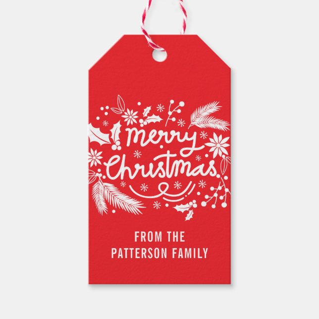Etiqueta Para Presente Red Merry Christmas Festioliday Floral Name (Frente)