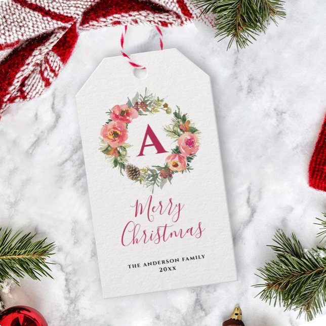 Etiqueta Para Presente Red Monogram Pink Wreath Greenery Christmas (Criador carregado)
