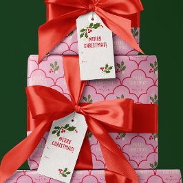 Etiqueta Para Presente Red Scallop Azulejo Sprigs de Natal