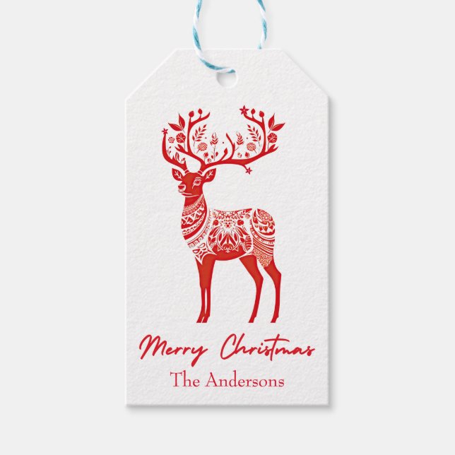 Etiqueta Para Presente Red Scandinavian Reindeer Feliz Natal (Frente)