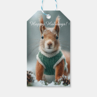 Etiqueta Para Presente Red Squirrel in a Green Knitted Sweater with Text