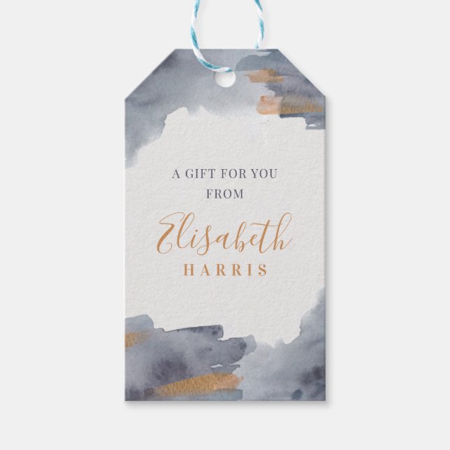 Etiqueta Para Presente Redemoinho de Aquarela Azul e Dourado (Frente)