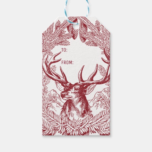 Etiqueta Para Presente Reindeer E Pine Boughs Natal Russo (Frente)