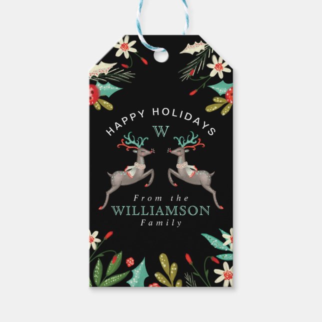Etiqueta Para Presente Reindeer Monograma e Folhagem Festiva (Frente)