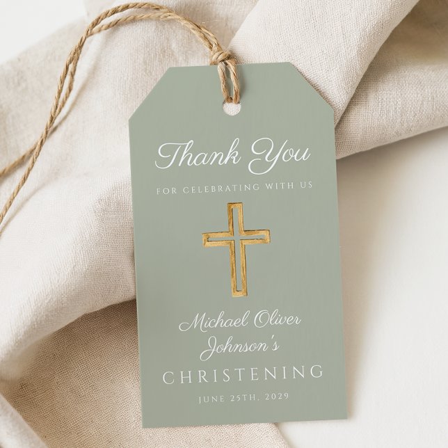 Etiqueta Para Presente Religião Sage Green Wood Cross Christening (Religious Sage Green Wood Cross Christening Gift Tags)