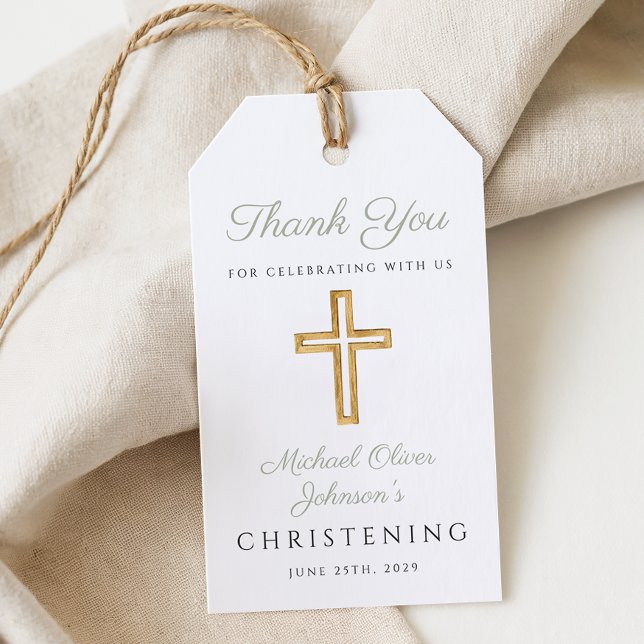 Etiqueta Para Presente Religião Sage Green Wood Cross Christening (Religious Sage Green Wood Cross Christening Gift Tags)