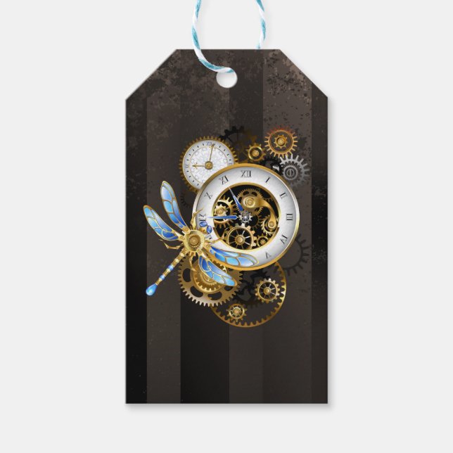 Etiqueta Para Presente Relógio Steampunk com Dragonfly Mecânica (Frente)