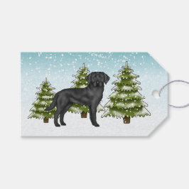 Etiqueta Para Presente Retriever Labrador preto Floresta de Inverno Azul 