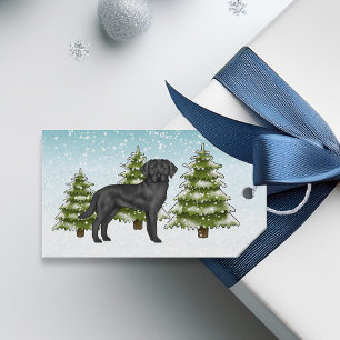 Etiqueta Para Presente Retriever Labrador preto Floresta de Inverno Azul