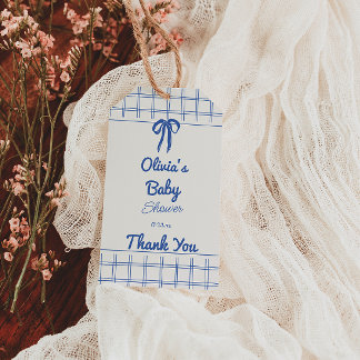 Etiqueta Para Presente Retro Blue Hand Drawn Gingham Bow Baby Boy