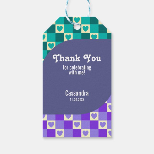 Etiqueta Para Presente Retro Checkup Heart Bauhaus Teal Blue Aniversário (Frente)