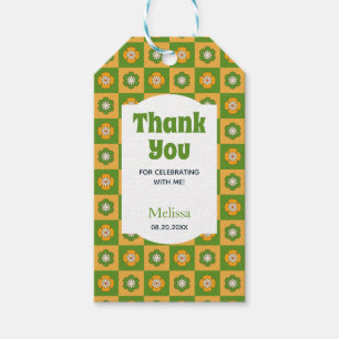 Etiqueta Para Presente Retro Daisy Floral Checked Green Obrigado