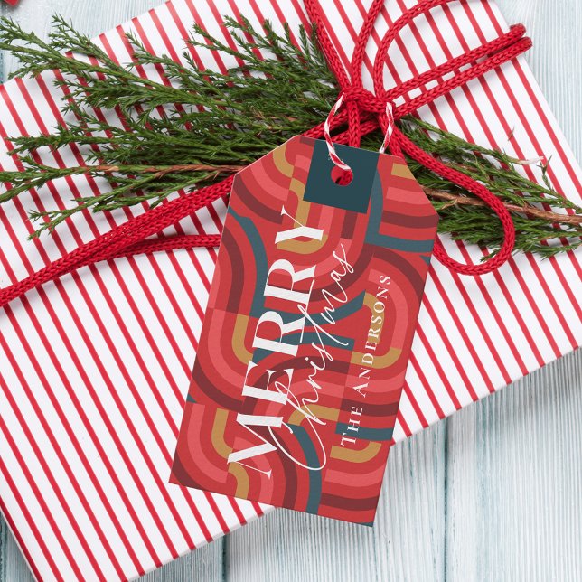 Etiqueta Para Presente Retro Maximalist Geometric Red Christmas (Criador carregado)