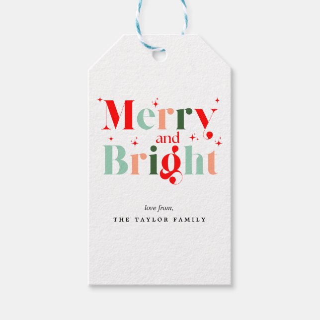 Etiqueta Para Presente Retro Merry and Bright Christmas (Frente)