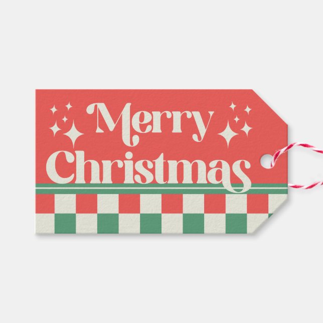 Etiqueta Para Presente Retro Pink and Green Christmas Check (Frente (horizontal))