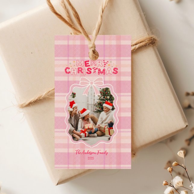 Etiqueta Para Presente Retro Pink Plaid Whimsical Holiday  (Criador carregado)